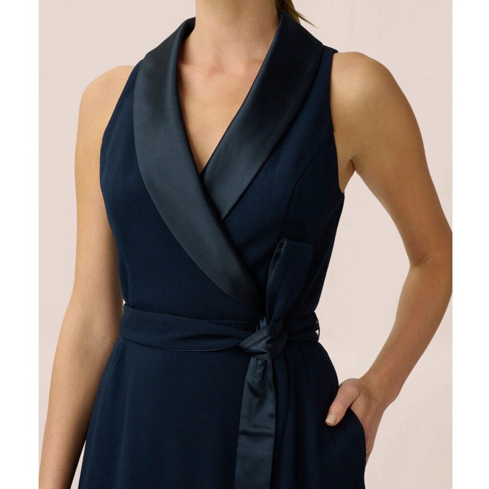 Adrianna Papell Stretch Knit Crepe MIDI Tuxedo Dress W/Inserts In Midnight Sz 6 - Picture 3 of 13